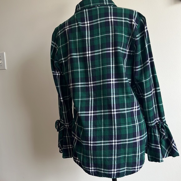 Button down plaid flannel top with bell flare tie sleeves, 100% cotton, Medium - Picture 7 of 16